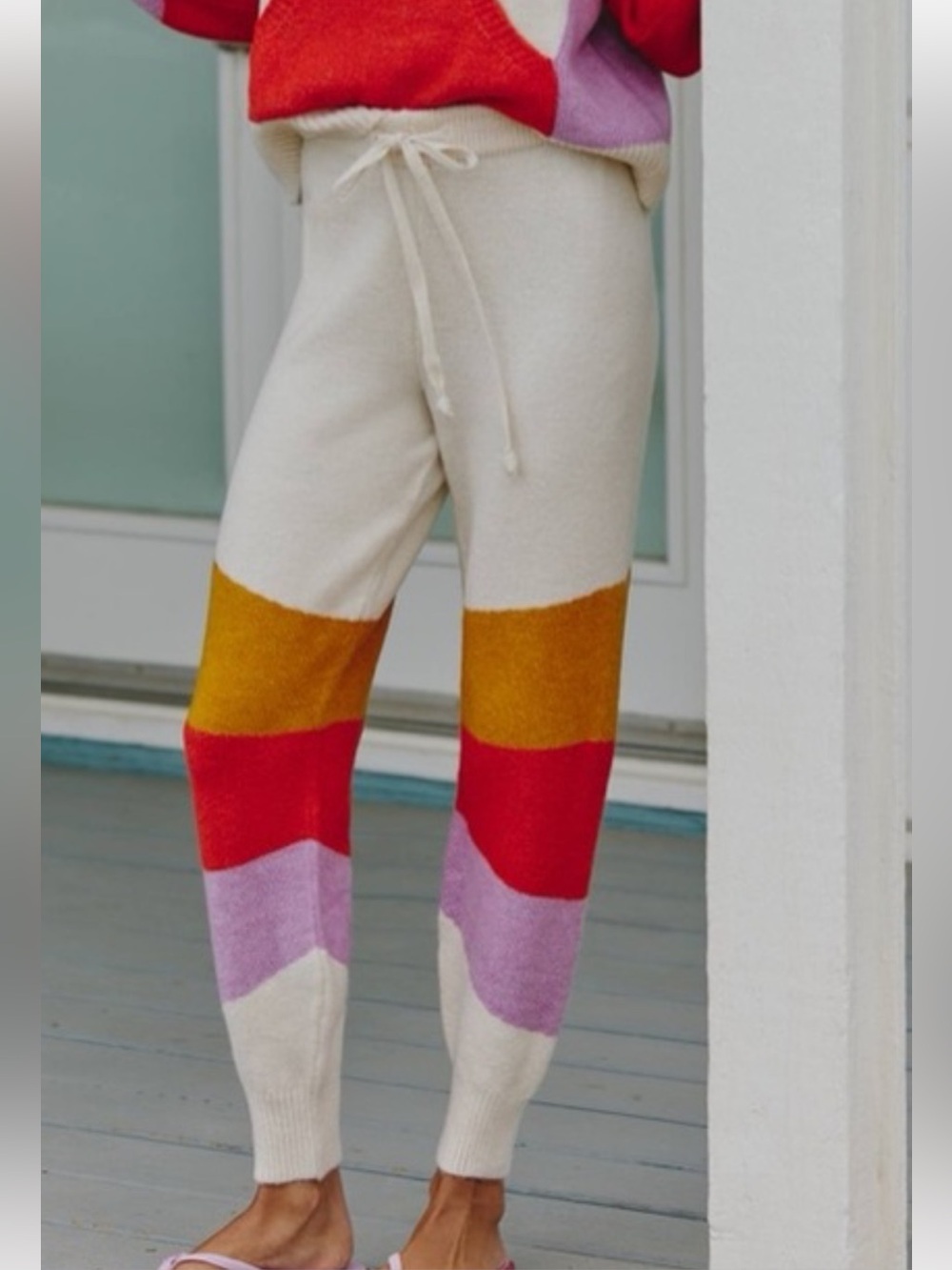 Anthropologie Cream Knit Joggers with Orange, Red & Pink Stripes Sz MP NWT